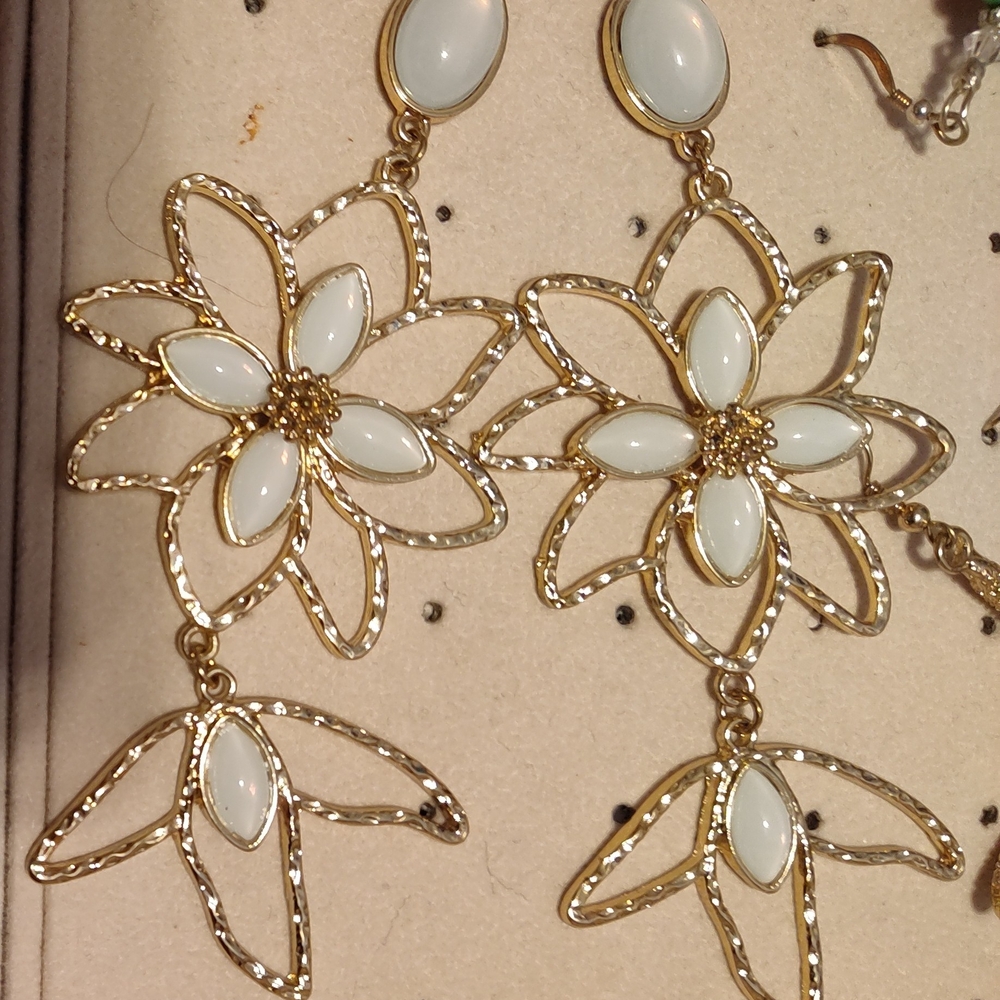 Gold and White Floral Earrings